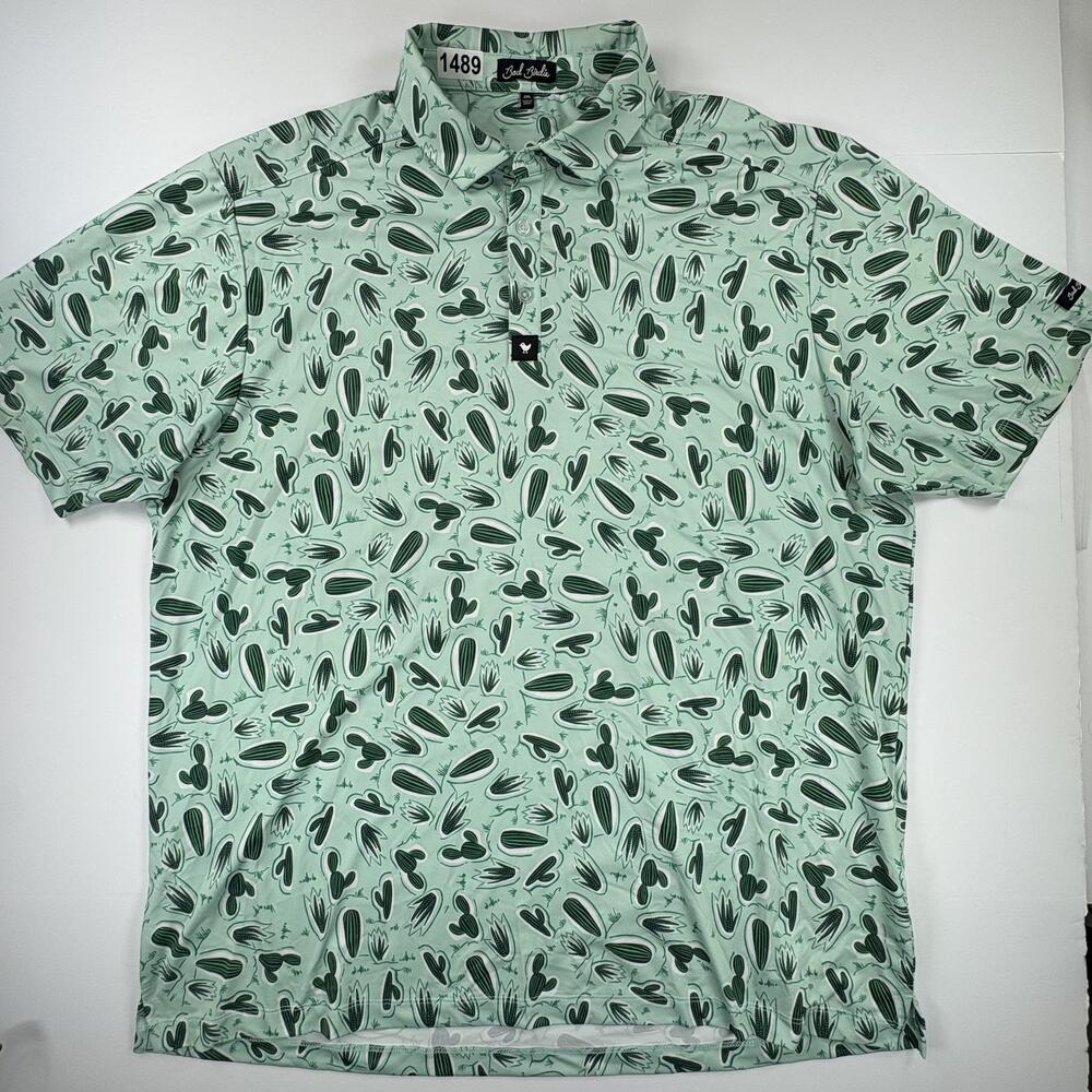 Bad Birdie Polo Shirt Mens 2XL Green Cactus Print Golf Stretch Performance